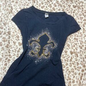Y2K TOPPY Women's Black Fleur de Lis Rhinestone Short Sleeve T Shirt Size Small